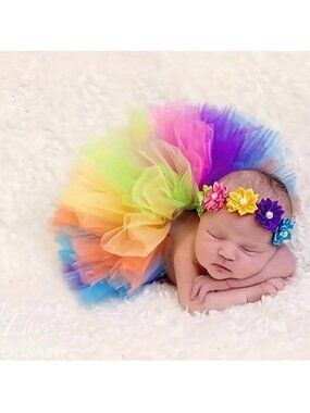 Set Baby Tutu Rainbow Skirt & Headband Flower Photography Prop 0-3 Mon GIFT